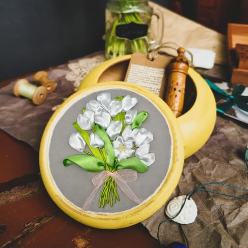 FONNUY Ribbon Embroidery 3D Flowers Pattern Design Kit Embroidery DIY Handwork Set Oval Home Decoration (White Tulip) - style: White Tulip