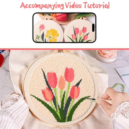 BATHRINS 2PCS Embroidery Punch Needle Kit Beginners Cross Stitch Kits Creative Easy Floral Pattern Hand Crafts with Hoop,Needle,Threads Mothers Day Gifts Crafts & Home Decor