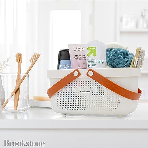 Brookstone Modern Large Portable Shower Caddy with Soft Silicone Carrying Handle, Bathroom Organizer Basket, Plastic Bath Tote and Shower Organizer, Quick Dry Drainage Holes, BPA Free, White - color: White / Cream