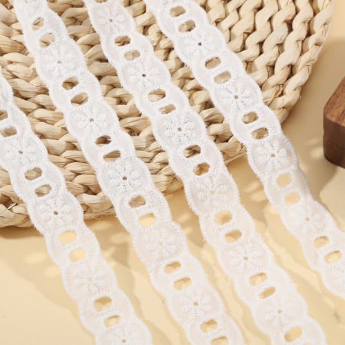 CHGCRAFT 16 Yards White Cotton Eyelet Lace Embroidery Ribbon Edge Floral Cotton Lace Ribbon Embroidery Lace Trim DIY Accessories for Sewing Clothes, 1 Inch Wide - size: 1 inch