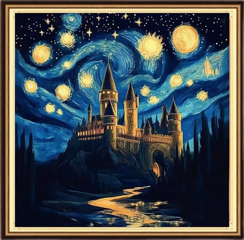 Redxing Counted Cross Stitch Kit for Beginners,Unprinted Needlepoint Kits for Beginners Cross Stitching Embroidery Kit 11CT Stitches kit-Van Gogh Starry Night Castle 18x18 inch - color: KitsColor20