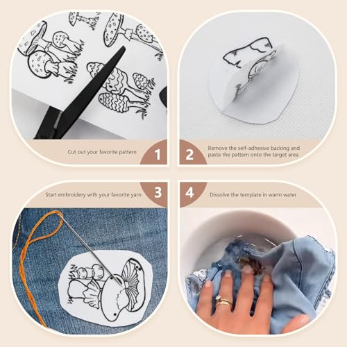 66 Pcs Water Soluble Embroidery Patterns Stick and Stitch Embroidery Designs Paper Wash Away Dissolvable Embroidery Transfer Patterns Pre-Printed Botanical Water Soluble Stabilizer for Embroidery