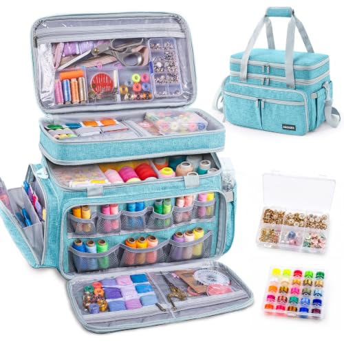 AMOIGEE Double Layer Sewing Organizer Bag with 2 Clear Storage Sewing Boxes - color: Turquoise