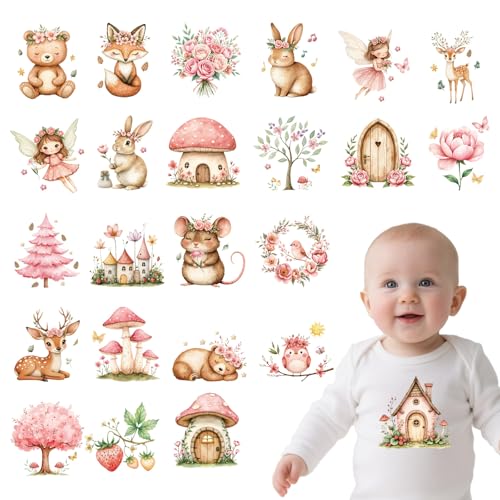 Wxiben Dtf Transfers Ready to Press - 24 Pcs Spring Baby Iron on Transfers for T-Shirts Floral Animals Fairy Heat Transfer Vinyl Decal Sticker Iron on Patches for Clothes Baby Shower Bodysuit Bag DIY - style: Spring Animal