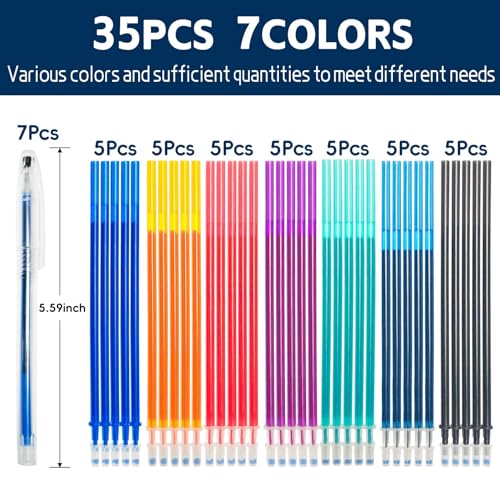 Jauisus 7 Pcs Heat Erasable Pens for Fabrics with 35 Refills, Fabric Marking Pens for Quilting Supplies DIY Embroidery Dressmaking Fabrics Tailors Chalk Pen(7 Colors, 35)