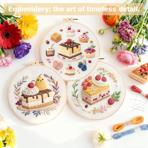 RidaaFri Embroidery Kit for Beginners, 3PC Starter Set Cake Fruit Patterns