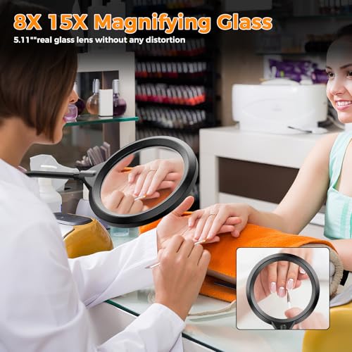 15X Magnifying Glass with Light and Stand, 5-Color & 10 Lightness Level - color: Black