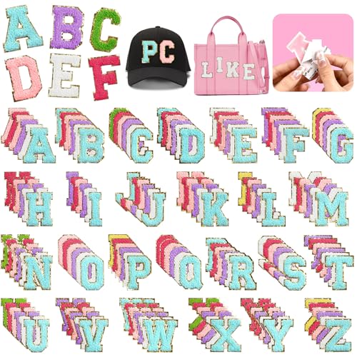 Supkiir 156Pcs Chenille Letter Patches, Self Adhesive Varsity Letter Patches, Colorful Embroidered Trimmed Iron on Letters Preppy Felt Letters Alphabet Patches for Clothing DIY Repairing Craft Fabric
