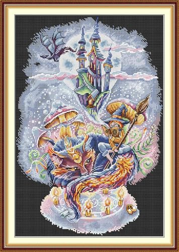 CrossNest 14CT Counted Cross Stitch Kit for Beginners, Unprinted Complete DIY Embroidery Set with Pattern & Tools, Premium Aida Cloth & Threads (Magic World) - color: Pattern 09