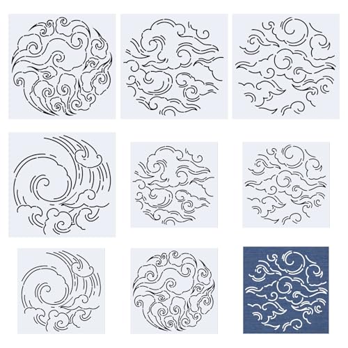 FREEBLOSS 8pcs Sashiko Stencils Plastic Sashiko Template Square Surf Embroidery Patterns Drawing Line Templates for Sewing Hand Quilting 5.5"/8.7"