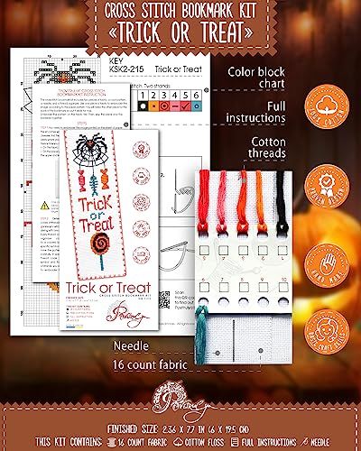 Povitrulya Halloween Cross Stitch Kit Trick or Treat - DIY Bookmark Set for Hand Embroidery - color: Trick or Treat
