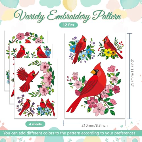 GLOBLELAND 4 Sheets Christmas Cardinal Water Soluble Embroidery Pattern - color: Christmas Cardinal
