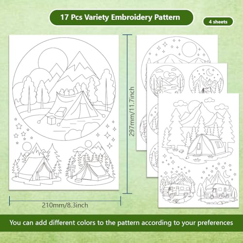BENECREAT 4Sheets 17Pcs Water Soluble Embroidery, 11.7x8.3inch Camping Forest Pattern Transfers Water Soluble Stabilizer for Embroidery Stick and Stitch Embroidery Designs - style: Camping Forest