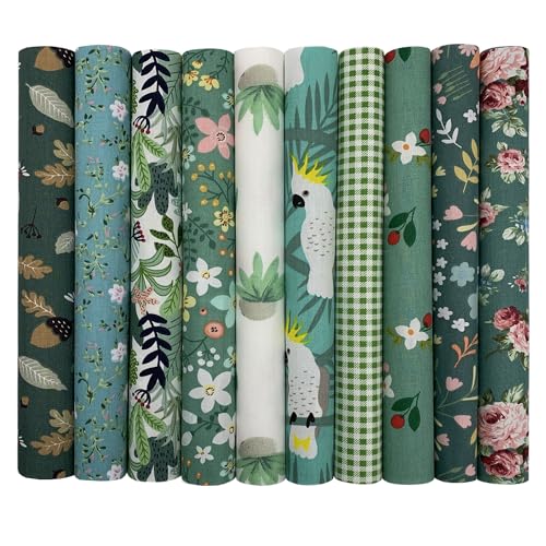 10Pcs Cotton Fabric Squares Bundles 25 x 25 cm Floral Patterns Printed Fabric Patchwork Craft Cloths for Sewing Quilting DIY Needlework Decoration Scrapbooking Handwork (Green)