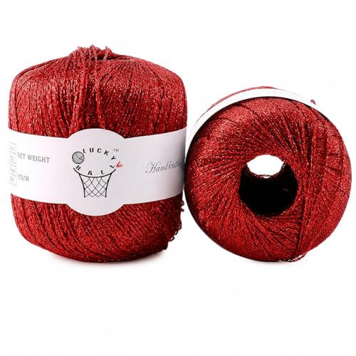 Sparkle Silver Lurex Thread Shining Yarn, 40g/314yd Metallic Crochet Thread Yarn for Crocheting & Knitting, Sparkle Metallic Crochet Yarn for Dolls, Charm, Keychain,Adults Handmade Crafts(2PCS Red) - color: Red