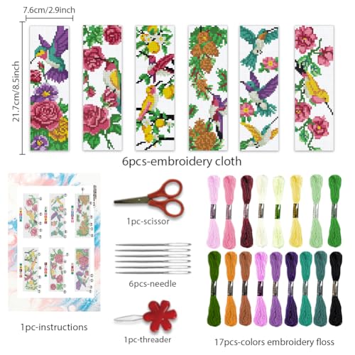 BEUNITONE 6 Pcs Cross Stitch Bookmark Kit for Beginner Vintage Flower Hand Embroidery Kit with Instruction Hummingbird Stamped Embroidery Bookmarks Handmade for DIY Crafts Book Lovers 8.5''x3'' - style: Hummingbird