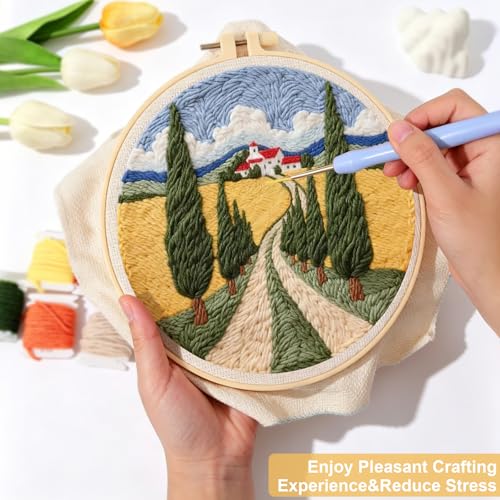 LACHLAND Punch Needle Kit for Beginners, Village Punch Embroidery DIY Craft Supplies with Hoop Yarn & Tool Handmade Wall Art Gift for Adults Teens Seniors Hobby - color: Village