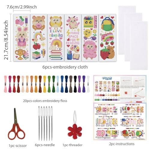 ORIGACH 6 Set Cartoon Animal & Reading Elements Cross Stitch Bookmark Kit - style: Cartoon Animal & Reading Elements