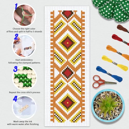 BEUNITONE 6 Pcs Vintage Cross Stitch Bookmark Kits for Beginner with Backing Felt Floss Instructions, Handmade Bookmarks DIY Stamped Craft Embroidery Kits for Adults, Book Lovers 8.5''x3'' - style: Pattern 3