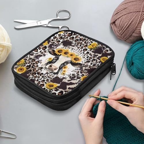 Kathyboom Cowhide Sunflower Empty Crochet Hook Case - Crochet Hook Organizer Case Crochet Hook Holder for Knitting & Crochet Supplies, Crochet Needles, Crochet Accessories - color: Cowhide Sunflower