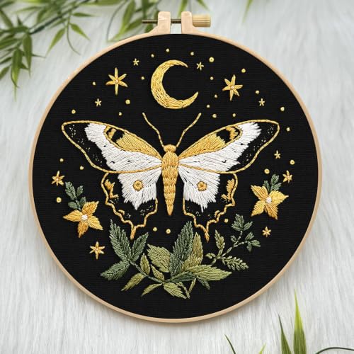 ERKOON Embroidery Kit for Beginners Adult Cross Stitch Set Include Embroidery Cloth Hoop Threads for Craft Lover Hand Stitch with Embroidery Skill Techniques (Moon Butterfly) - color: Moon Butterfly