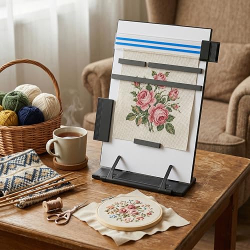 Kenaeooe Knitting Pattern Holder with 4 Replacement Magnets 12.2 x 8.3 Inch Cross Stitch Stand and Supplies Holder Plastic Board for Cross Stitch Patterns and Knitting Accessories