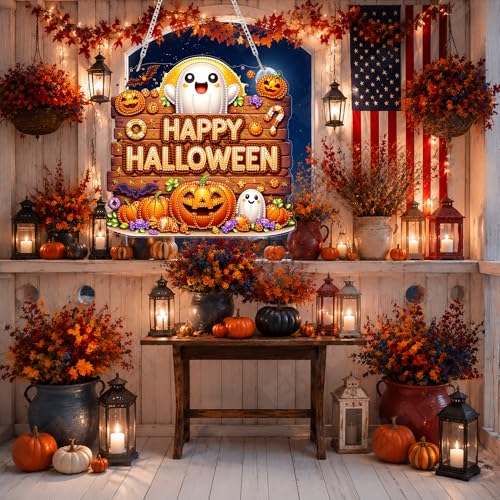 Eiflow Acrylic Diamond Art Hanging Kit for Adults, DIY Diamonds Painting Door Hanger Board Kit, Special Crystal Diamond Art Painting Pendant Ornament (Halloween Sign) - color: Halloween Sign