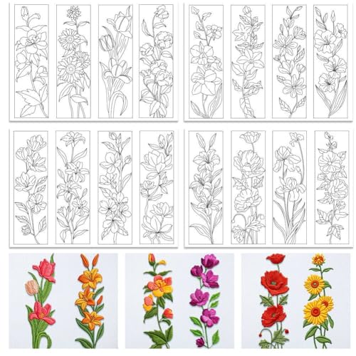 ORIGACH 4 Sheets Water Soluble Embroidery Patterns Stabilizers - 16 Pcs Pre-Printed Flower Bookmark Designs - Stick & Stitch Embroidery Paper for Hand Sewing Lovers - color: Flower Bookmark