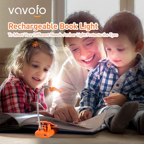 VAVOFO Rechargeable Book Light, Blue Light Blocking, Amber 1600K Clip On Reading Light, Eye Care 7 LEDs Kids Book Light for Reading in Bed with Power Indicator for Bookworms (Neon Orange) - size: 1-Pack Neon Orange