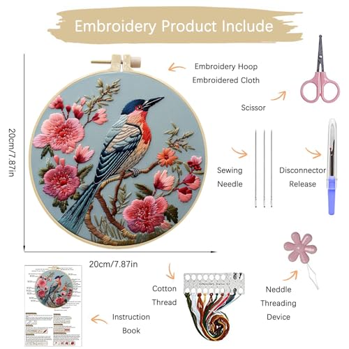 ARTopet Embroidery Kit for Beginners Cross Stitch Kits Needlepoint Set Colorful Bird Patterns Embroidery Thread Kit for Craft Lover Hand Stitch with 7.87in Hoop Threads Fabric-Bird03 - color: Bird03