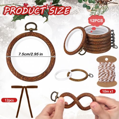 12 Sets 2.4 Inch Christmas Embroidery Hoop Imitated Wood with Bow, Thin Bow - size: 2.4 Inch, style: Thin Bow