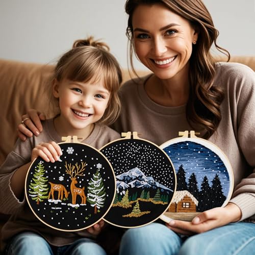 Armindou Embroidery Kit for Beginner Adults, Counted Stamped Cross Stitch kit for Adult Beginner, Hand Embroidery Starter Kits with Pattern, 3 Embroidery Hoop, Fabric (Attached Teaching Video QR Code) - color: Night Scene, size: 8inch