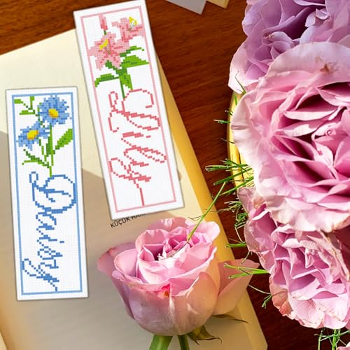 BEUNITONE 6 PCS Cross Stitch Bookmark Kit for Adults Beginners,Text and Flowers Pre-Printed Cross Stitch,DIY Stamped Embroidery Bookmark Kits,with Instructions,Craft Kit for Book Lovers 8.5''x3'' - style: Text And Flowers