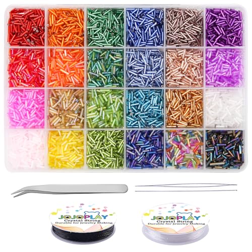 Tube Seed Beads Kit, 7mm, Craft Bugle Glass Beads with Bead Needle, Elastic String for Bracelet Necklace Jewelry Making (24 Colors)