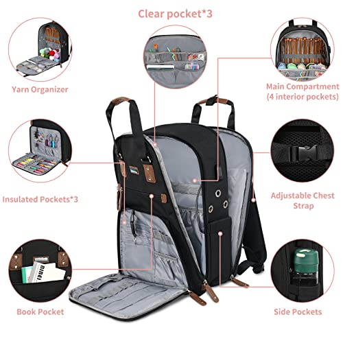 SINVICKO Crochet Bag, Knitting Bag Backpack and Totes Organizer with USB Charging Port, Large Yarn Storage Tote Bag - color: Black