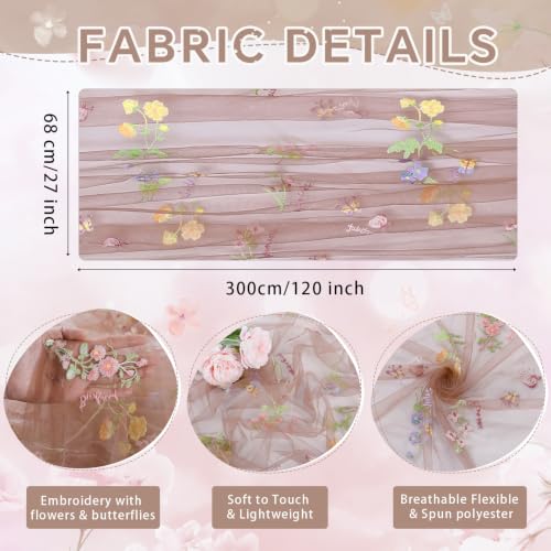 Floral Gauze Table Runner 10ft Embroidery Tulle Spring Wildflower Table - color: Brown, size: 27"x120",1pc
