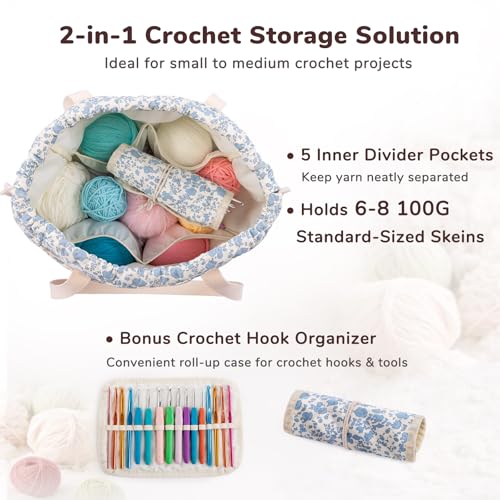 MYBAGZING Portable Crochet Bag Organizer with Crochet Hook Organizer Roll - color: Blue Flower