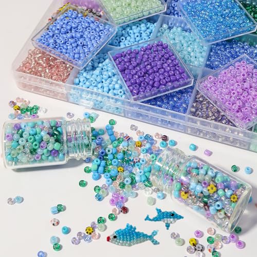 11200pcs Glass Seed Beads for DIY Crafting Bracelet Necklace Embroidery Jewelry Making Supplies (3mm, 400pcs/Color, 28 Colors, Blue Scheme) - color: Blue