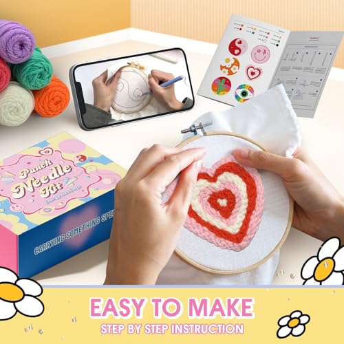 yuegool 6PCS Energy Punch Needle Coasters Kit,Easy DIY Punch Needle Embroidery Kit for Beginners Adults Kids Including Patterns, Tools, Yarns, Hoop, Instruction, Coaster Holder Art Craft Supplies - color: energy blessings, size: 4-inch diameter