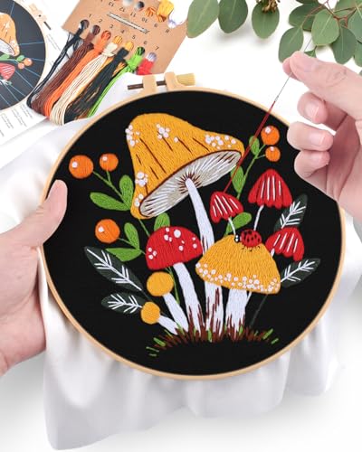 ERKOON Embroidery Kit for Beginners, Flower Cross Stitch Set for Include Embroidery Cloth Hoops Threads for Craft Lover Hand Stitch with Embroidery Skill Techniques (Mushroom) - color: Mushroom