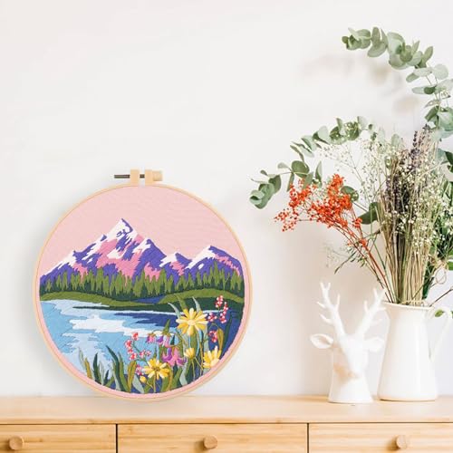 Harimau Adult Beginner Embroidery Starter Kit, Complete Set with 4 Patterns, 2 Hoops, Needles, Scissors, Instruction Guide & Stitching Video Tutorials - color: Mountain