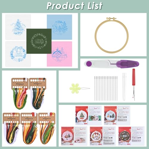 ERKOON 5 Sets Embroidery Kit for Beginners, Christmas Cross Stitch Set with Easy Pattern Embroidery Cloth Hoops Threads for Craft Lover Hand Stitch - color: 5pcs Christmas