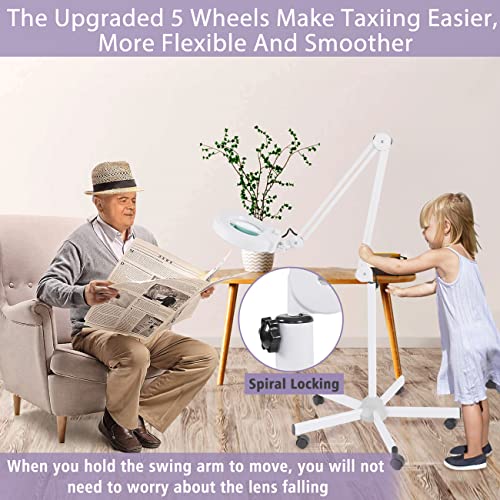 LANCOSC 12X Magnifying Glass with Light and Stand, Floor Lamp with 5-Wheel Rolling Base for Facials Lash Estheticians, 2200 Lumens Dimmable LED Lighted Magnifier for Reading Sewing Crafts Close Work - size: 12X
