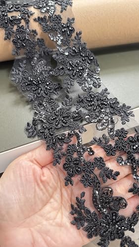 6cm*2yards Ivory White Luxury Beaded Embroidery Flower lace Appliques for Wedding Dresses Rhinestone Applique Patches Embroidery lace parches ropa (Black Color) - color: SPXB-TV0091BCL-2y-black