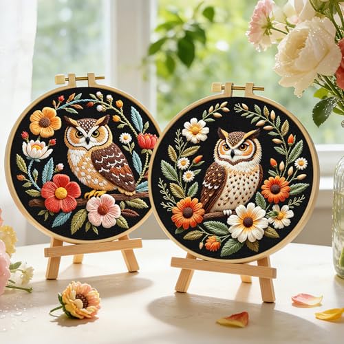 ERKOON Embroidery Kit for Beginners, 2 Set Flower Cross Stitch Set Include Embroidery Cloth Hoops Threads for Craft Lover Hand Stitch with Embroidery Skill Techniques (Owl) - color: Owl