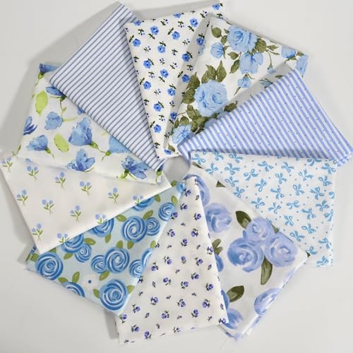 10 Pieces 50x50cm Floral Cotton Fabric Blue Series Patterns Pre-Cut Patchwork Squares for DIY Crafts Sewing Quilting