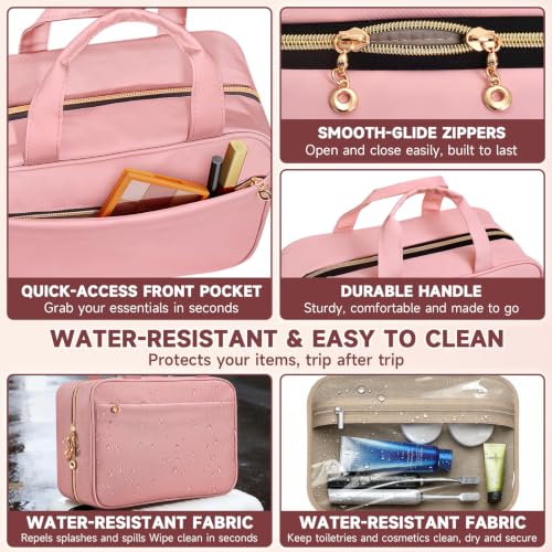 Travel Toiletry Bag for Women, Hanging Makeup Organizer Clear Pockets - color: Pink, size: Medium