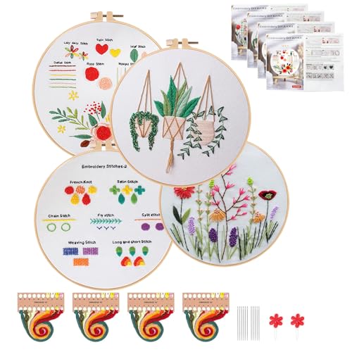 Topapfo 4 Pack Flower Embroidery Beginners Kits for Adults, Cross Stitch Starters Kits Needlepoint with Stamped Embroidery Patterns, Hoops, Thread, Needles, Threaders - color: plant