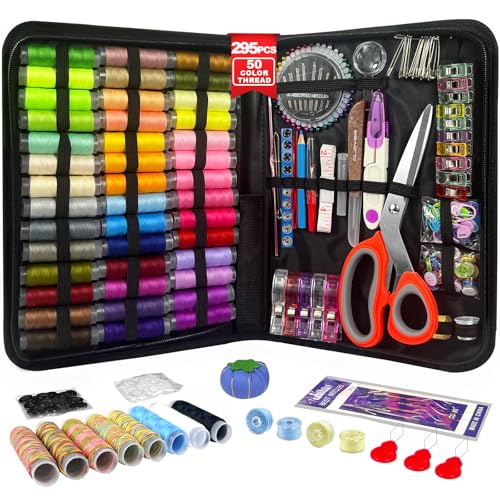 HYHJMISTY Sewing Kit for Adults, 50 Color Sewing Thread Kit, 295PCS Sewing Accessories with Ergonomic Scissors, Portable Professional Mending Essentials for Travel, Home, Beginners - color: 50 Color