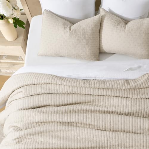 EverGrace 100% Cotton Cross Stitch 3-Piece Quilt Set, 118"x106", Flax Beige - color: Flax Beige, size: OVERSIZED CAL KING (118" x 106")